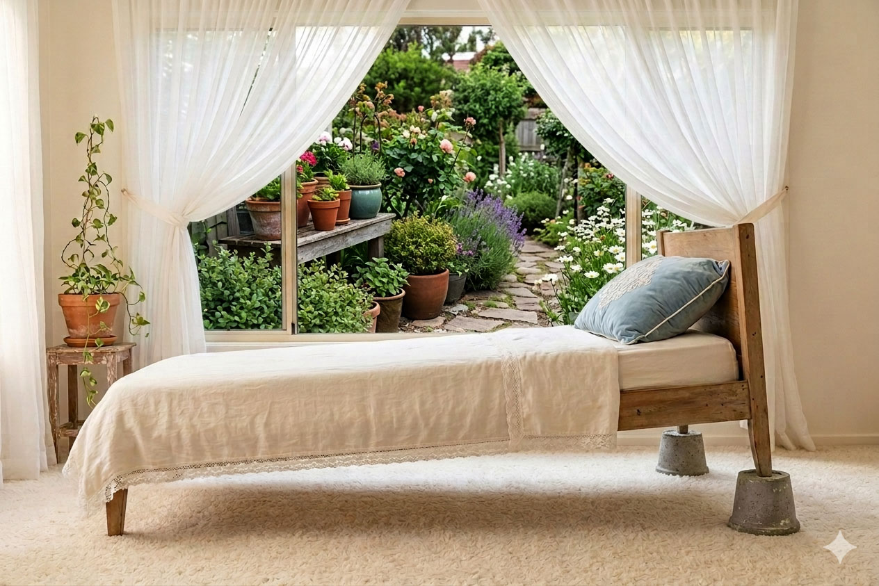 Cama de concreto rústica con cuñas CuñaTerapia bajo las patas de la cabecera, frente a jardín con plantas y flores, representando la terapia de cama inclinada IBT