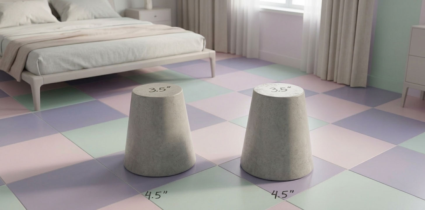 Par de elevadores de concreto cónicos de 4.5 pulgadas de base y 3.5 pulgadas de altura colocados bajo las patas traseras del respaldar de una cama, para la terapia de cama inclinada